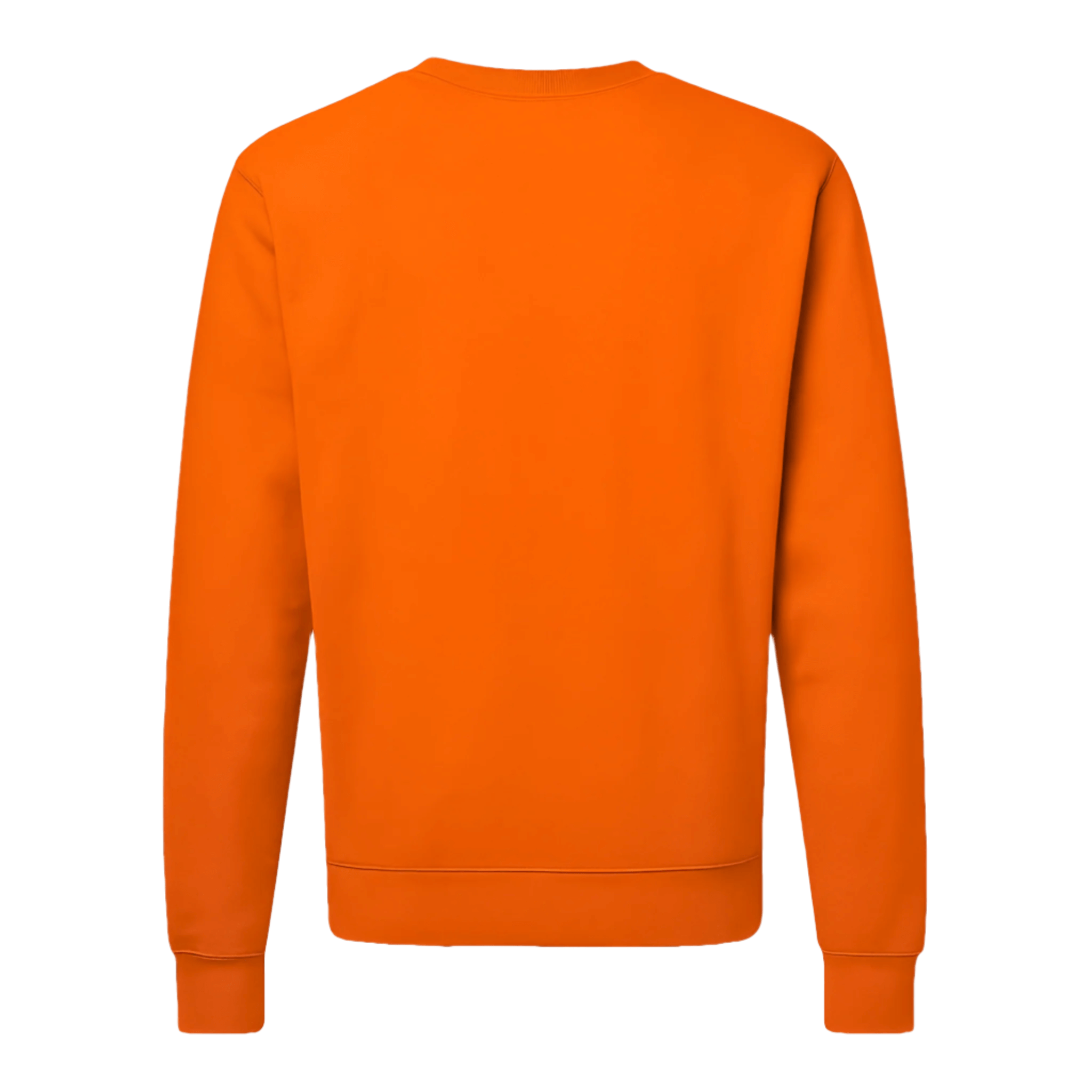 Back view of a lightweight neon orange crewneck sweater with cuffed sleeves and hem.