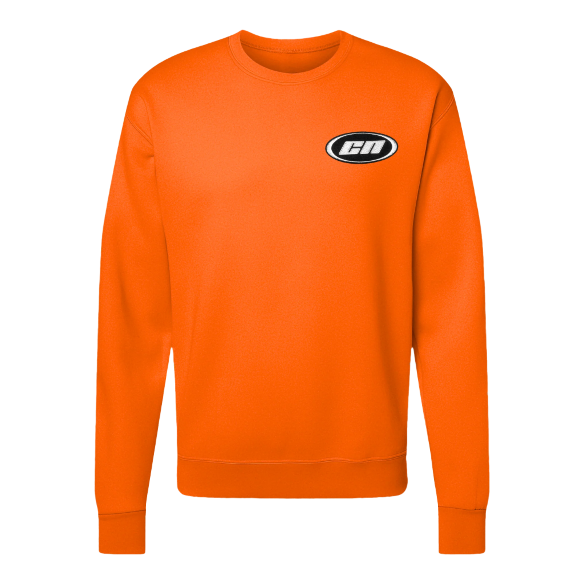 Crewneck sweater in neon orange featuring embroidered Club Neo logo, made from lightweight fleece for comfort.